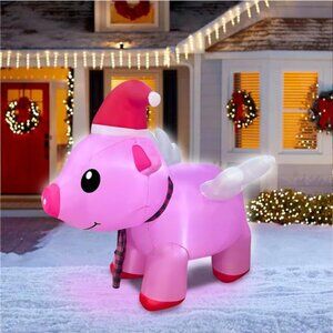 BLOWOUT FUN 4ft Inflatable Christmas Flying Pink Piggy Decoration, LED Lighted